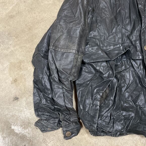 Vintage 90s 1871 Black Genuine Leather Bomber Flight Zip Jacket Mens Large - Picture 5 of 13